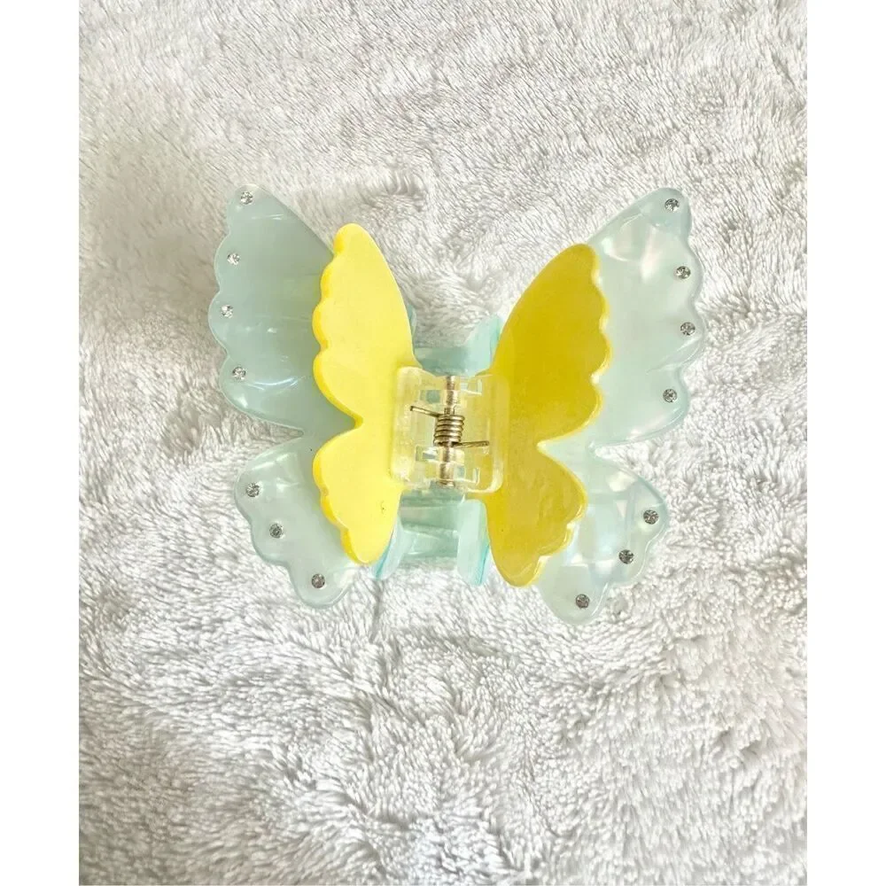 Yellow Light blue rhinestone butterfly hair claw